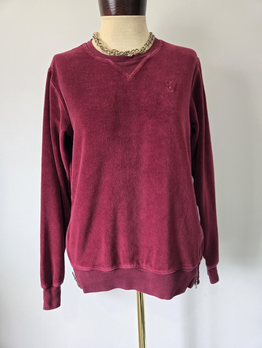 Ralph Lauren Burgundy Velour Crewneck Sweater With Subtle Chest Logo. Size Small
